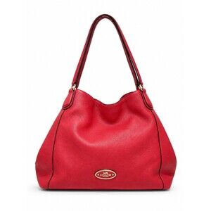 Coach Edie Pebbled Leather Shoulder Bag Red Large Hobo Tote Turnlock Zip Purse